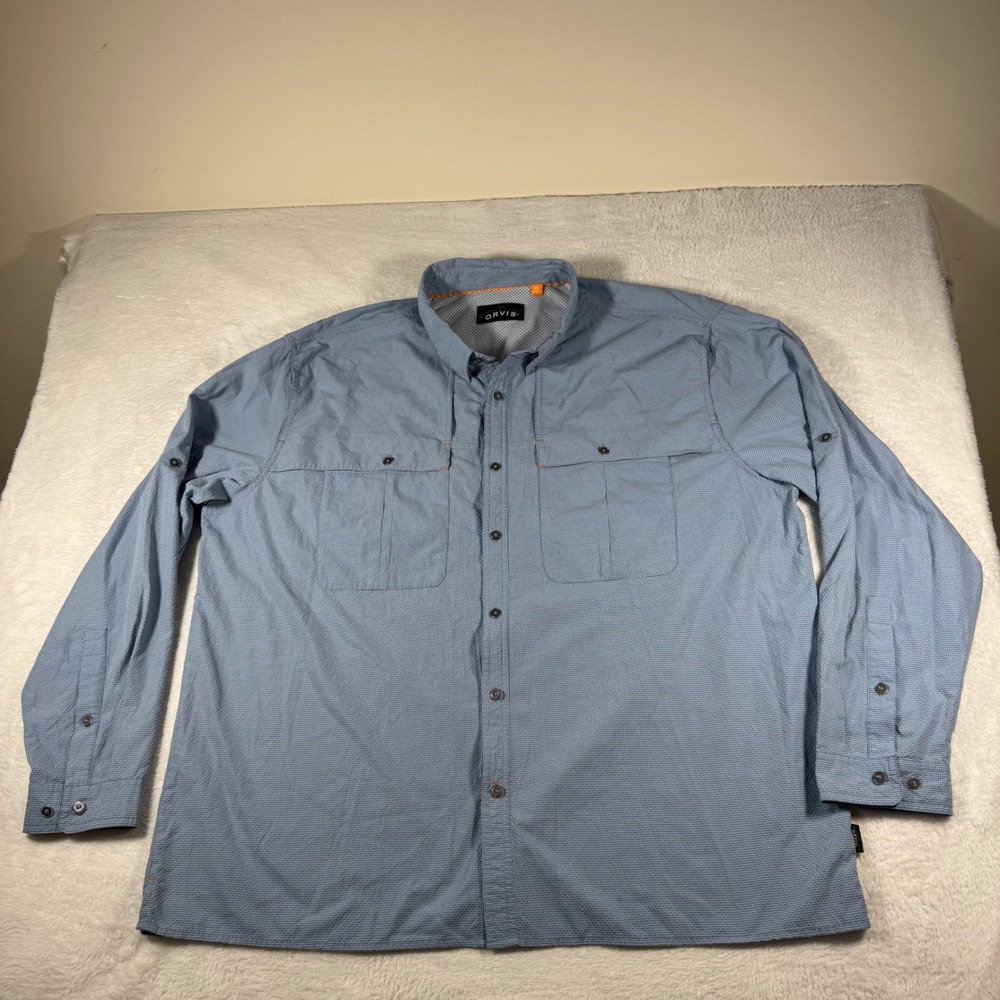 Orvis Fishing Shirt Mens XXL Blue Long Sleeve Vented Back Roll Tab Button Up